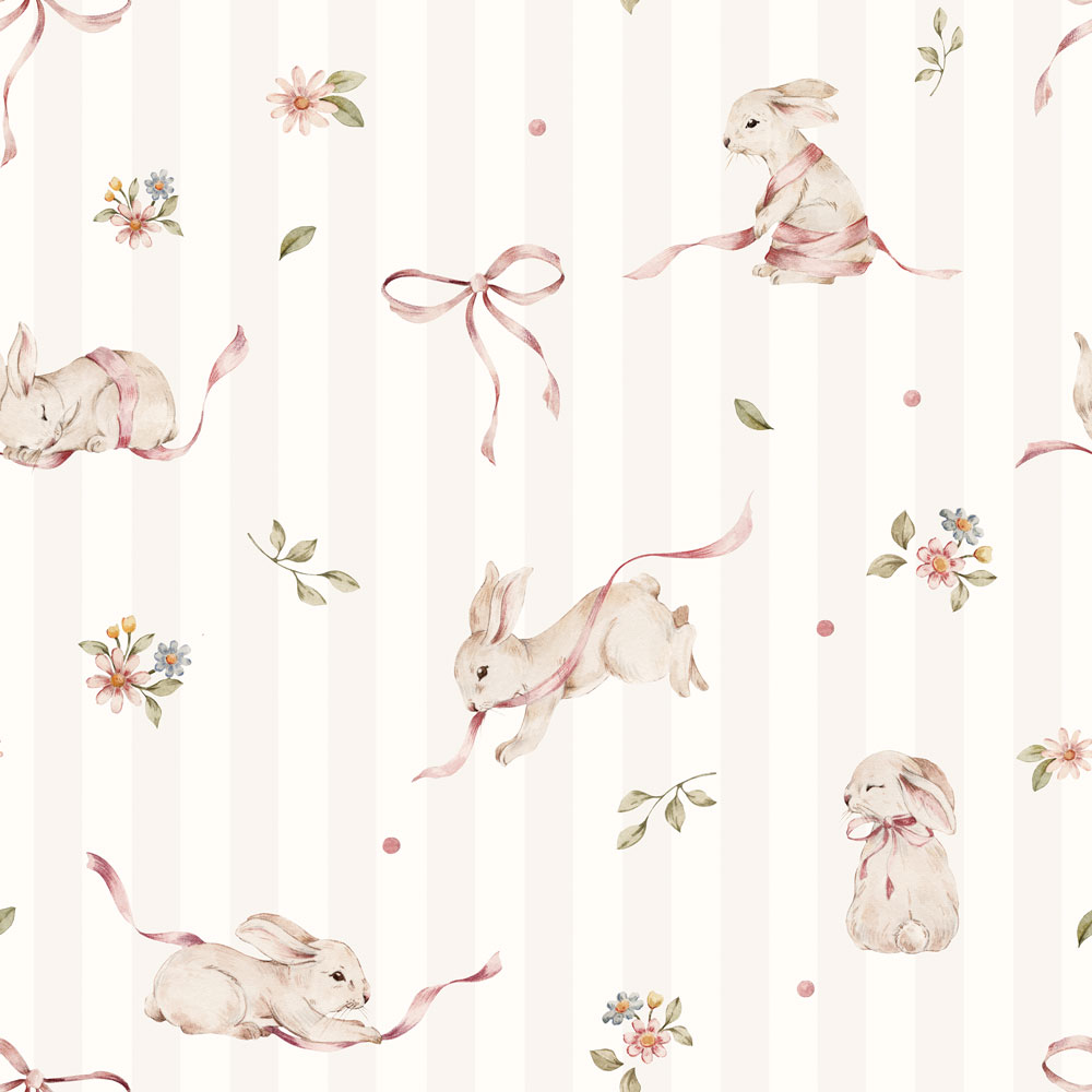 Pink Rabbits on Stripes Wallpaper