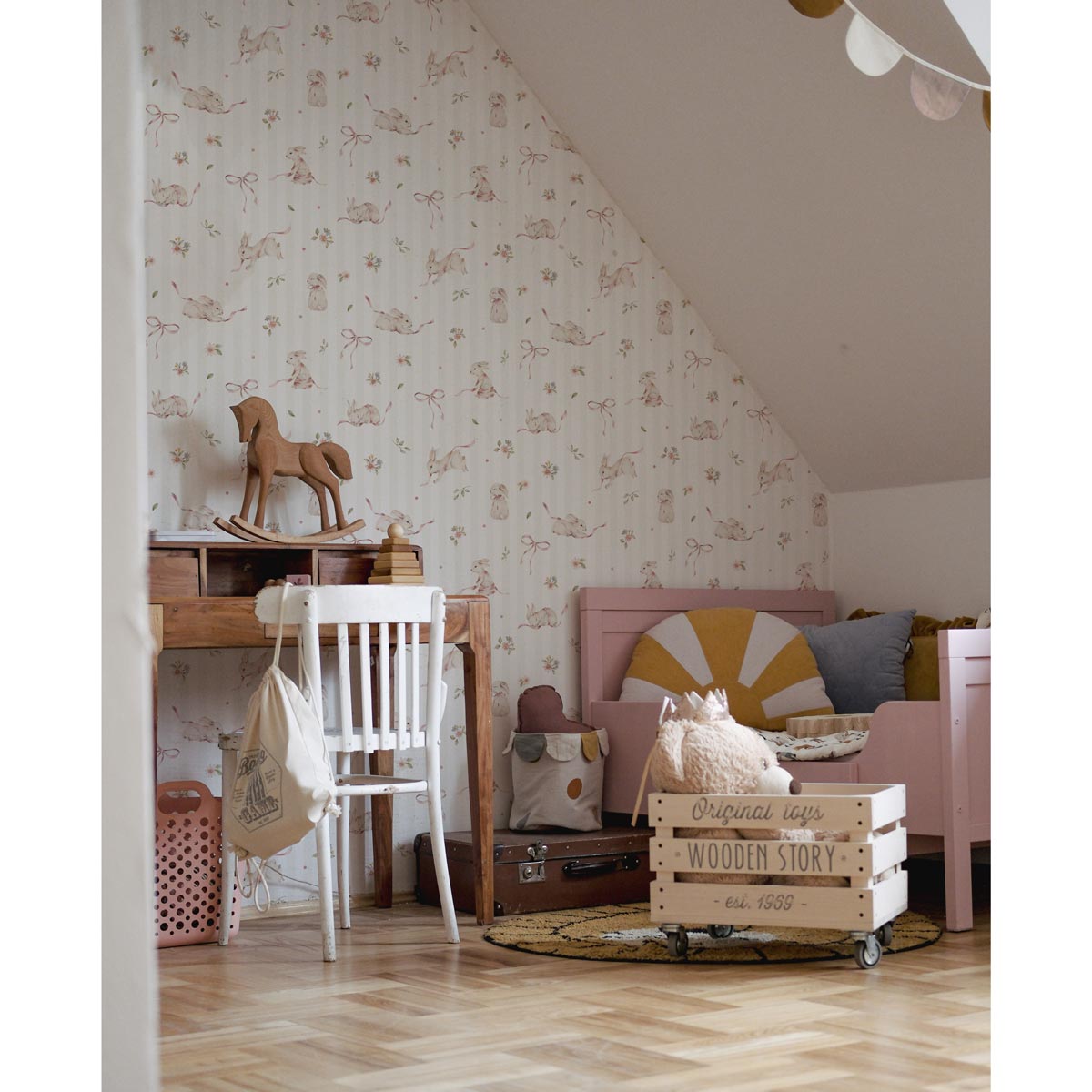 Pink Rabbits on Stripes Wallpaper
