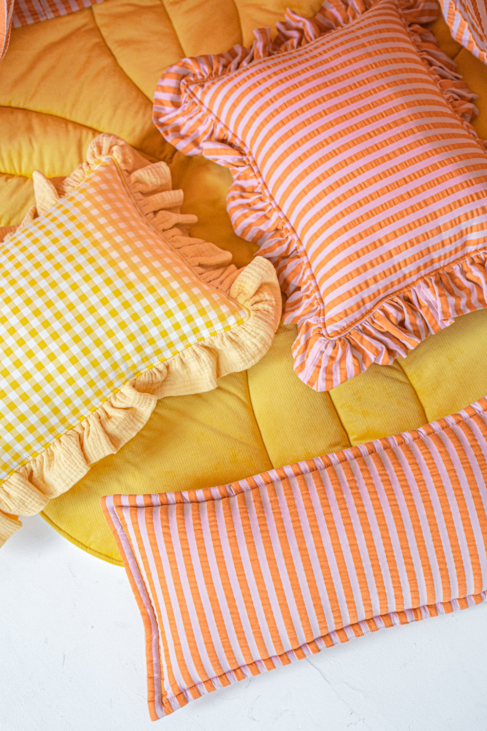 "Pink and Orange Stripes" Pillow with Frill