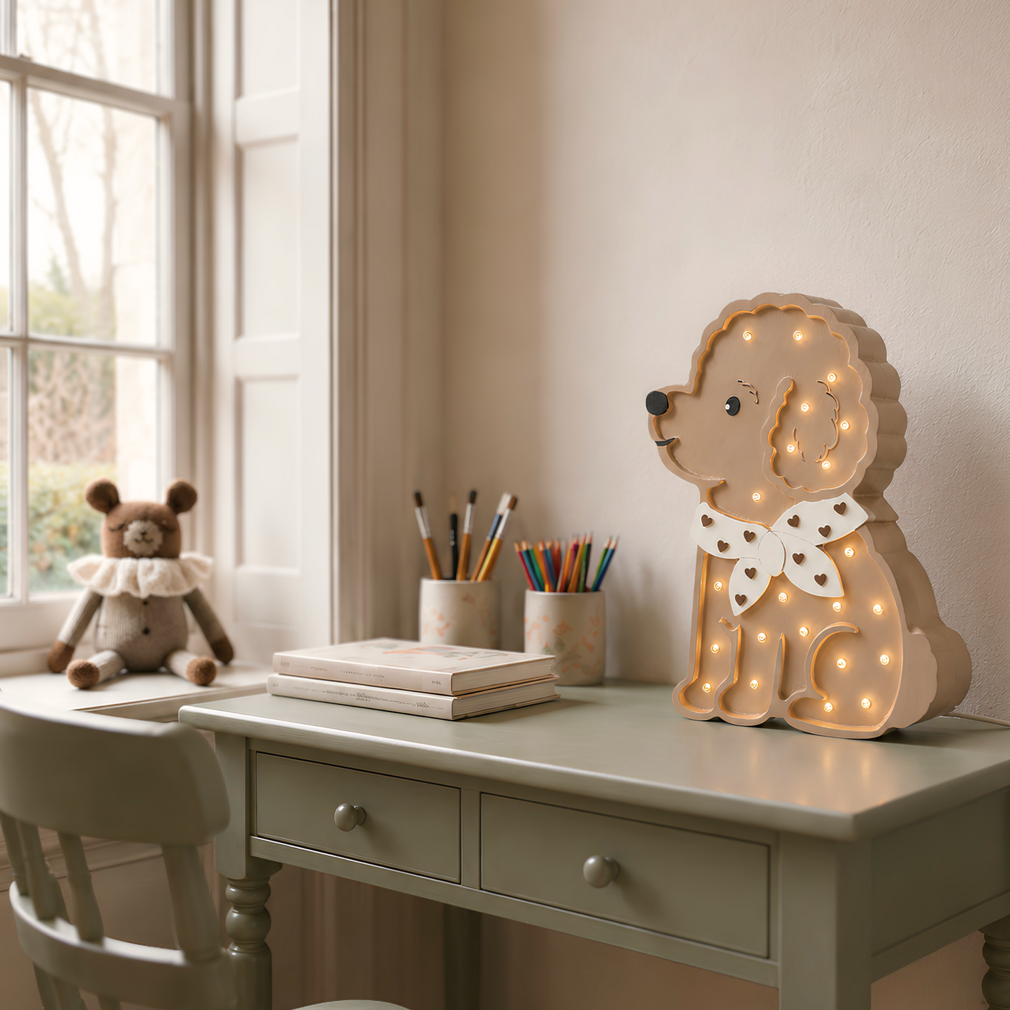 Little Lights Poodle Dog handmade lamp glowing softly in kids room on the desk