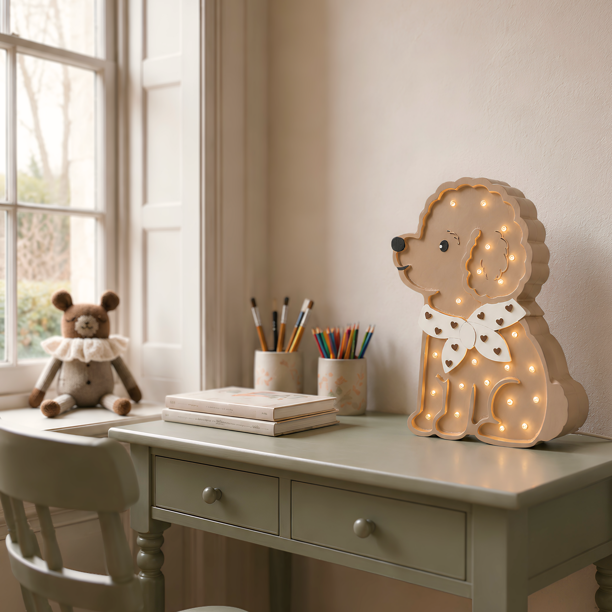 Little Lights Poodle Dog handmade lamp glowing softly in kids room on the desk