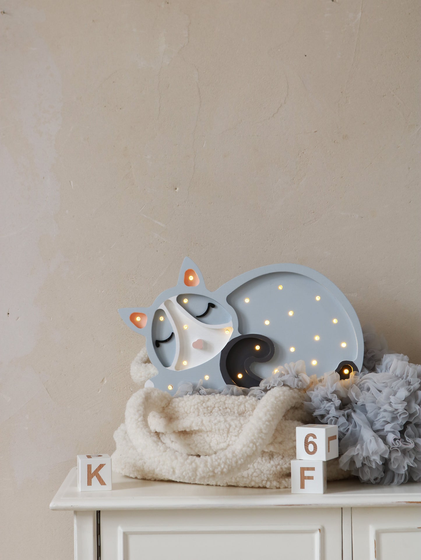 Cat Lamp glowing softly in nursery – kids room décor wooden night light