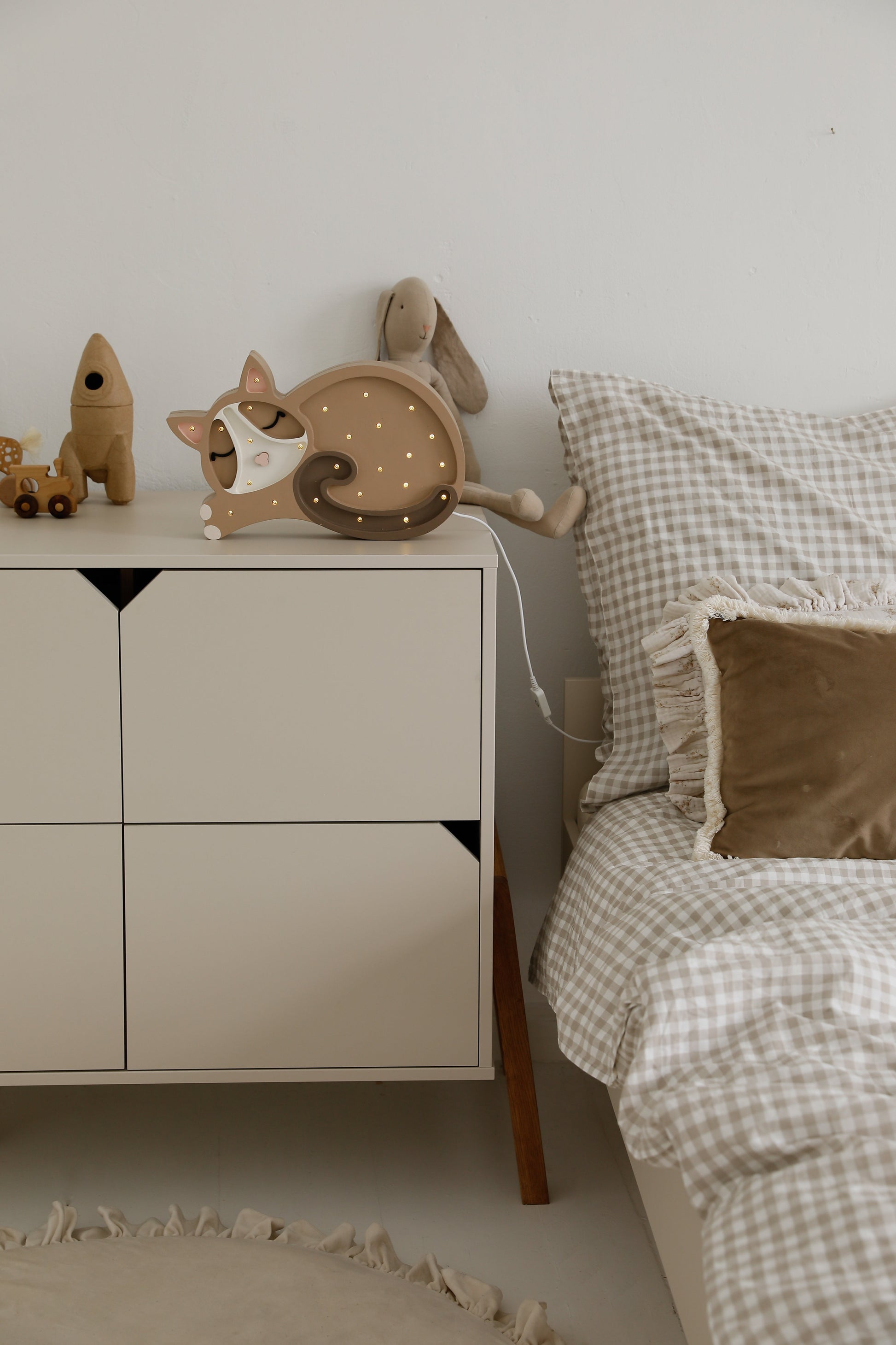 Cappuccino Cat Lamp by Little Lights – wooden kids night light on a dresser