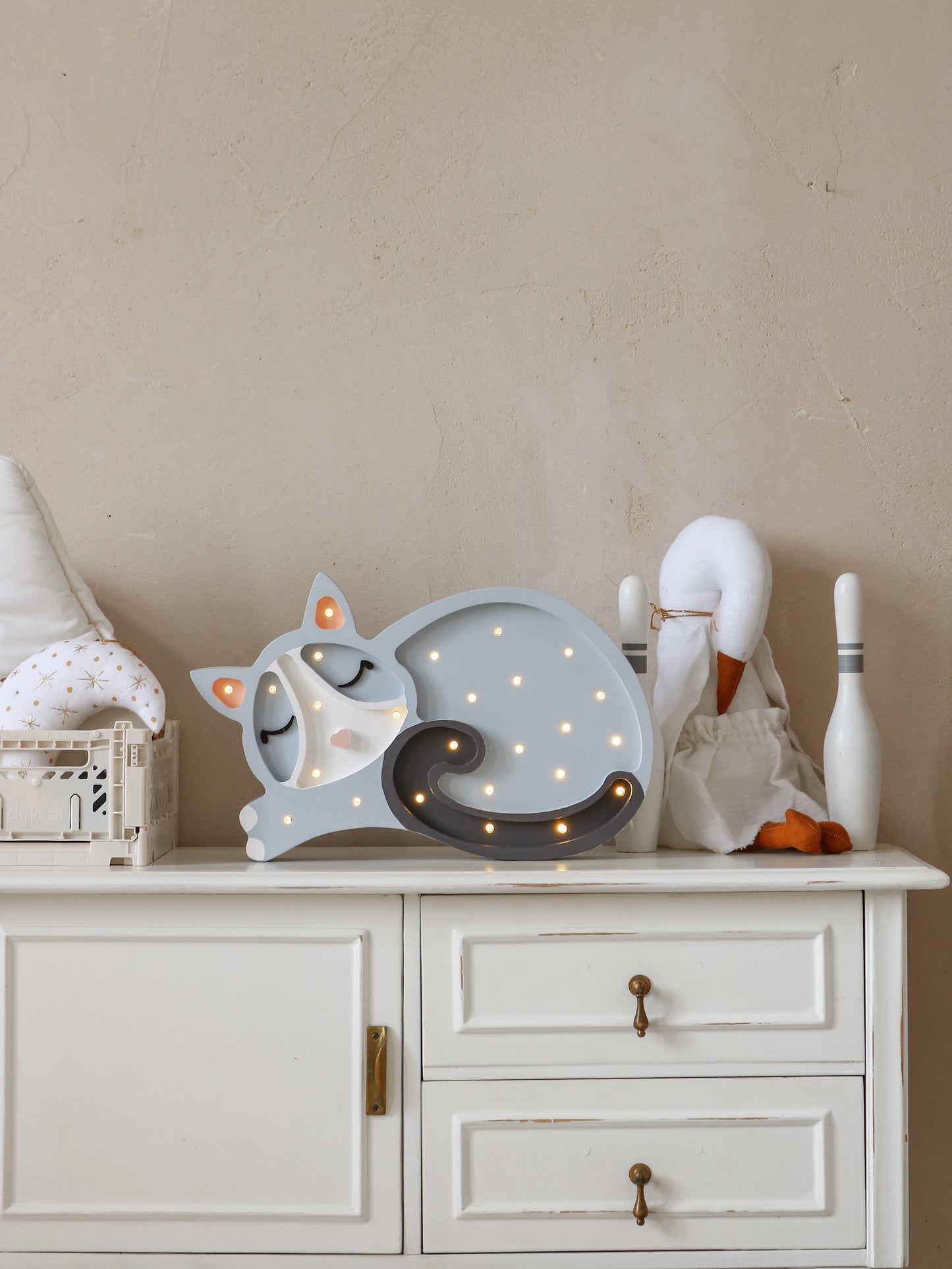 Grey Cat Lamp by Little Lights – wooden kids night light on a dresser