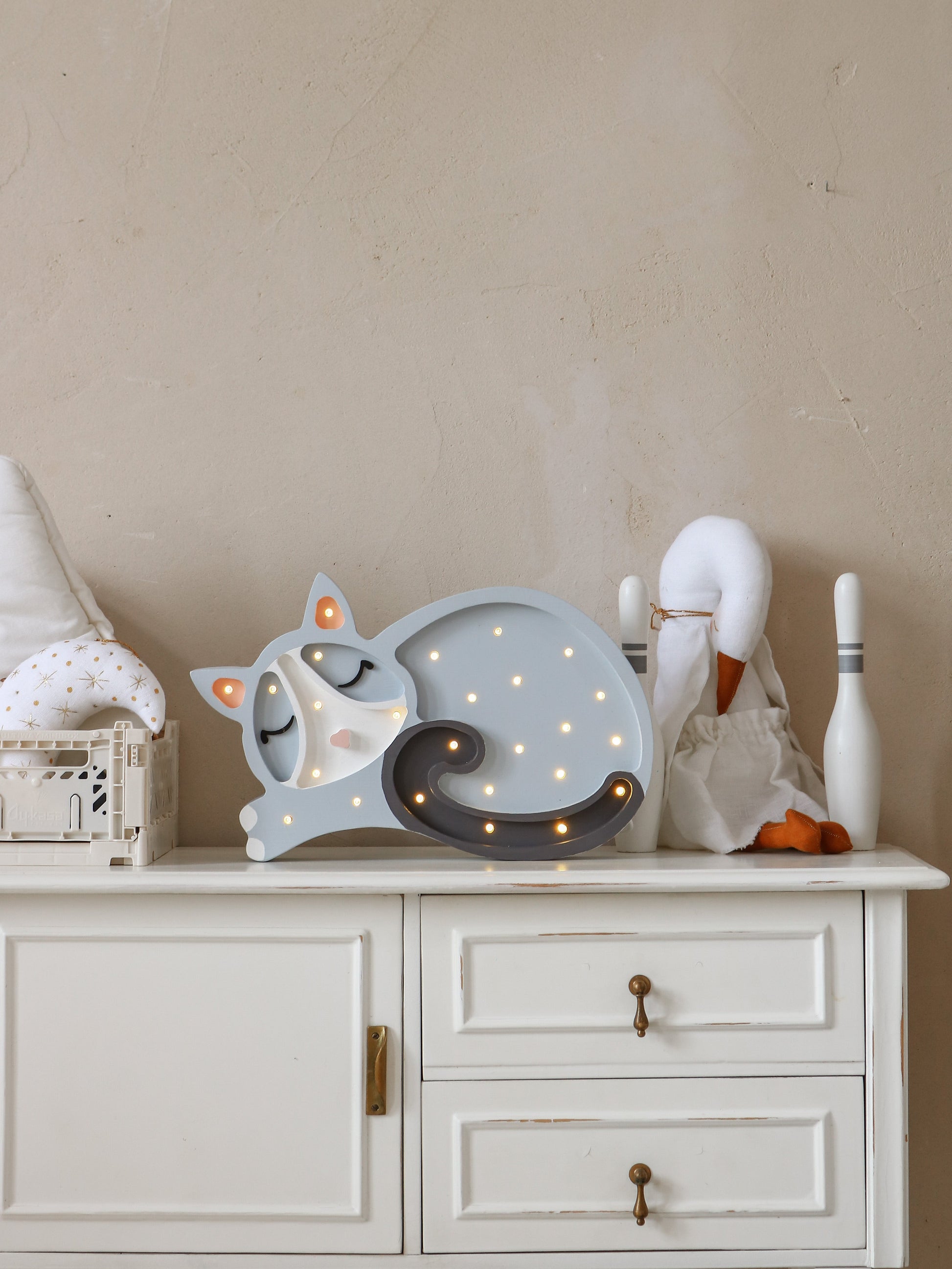 Grey Cat Lamp by Little Lights – wooden kids night light on a dresser