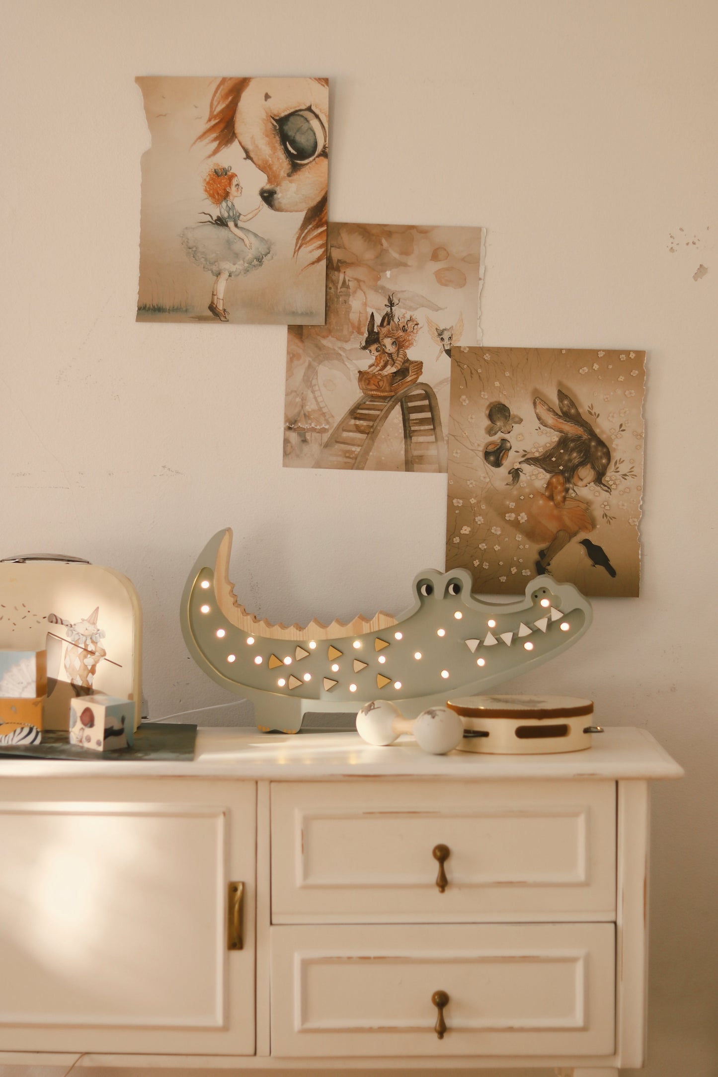 Handcrafted Pastel Khaki Crocodile Lamp – perfect nursery or baby gift