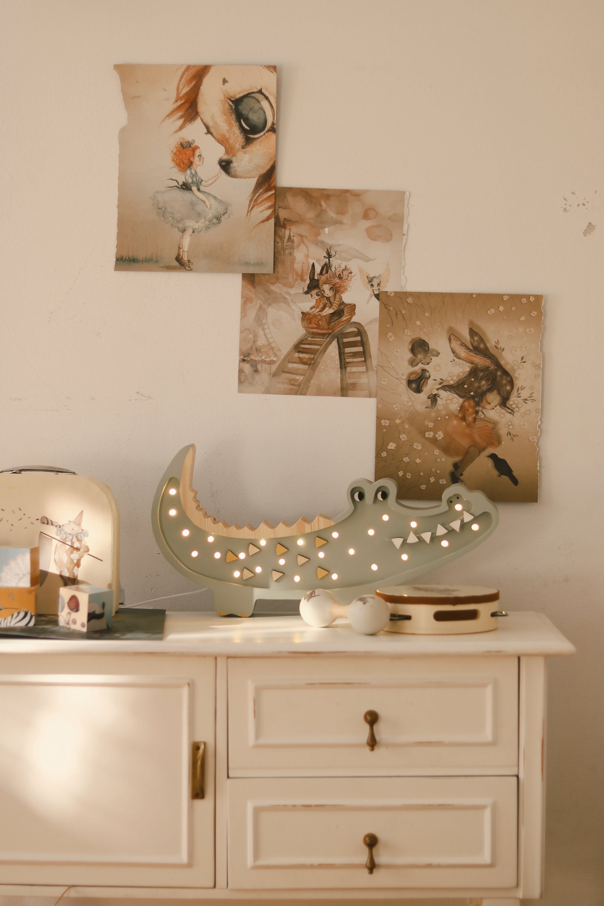 Handcrafted Pastel Khaki Crocodile Lamp – perfect nursery or baby gift