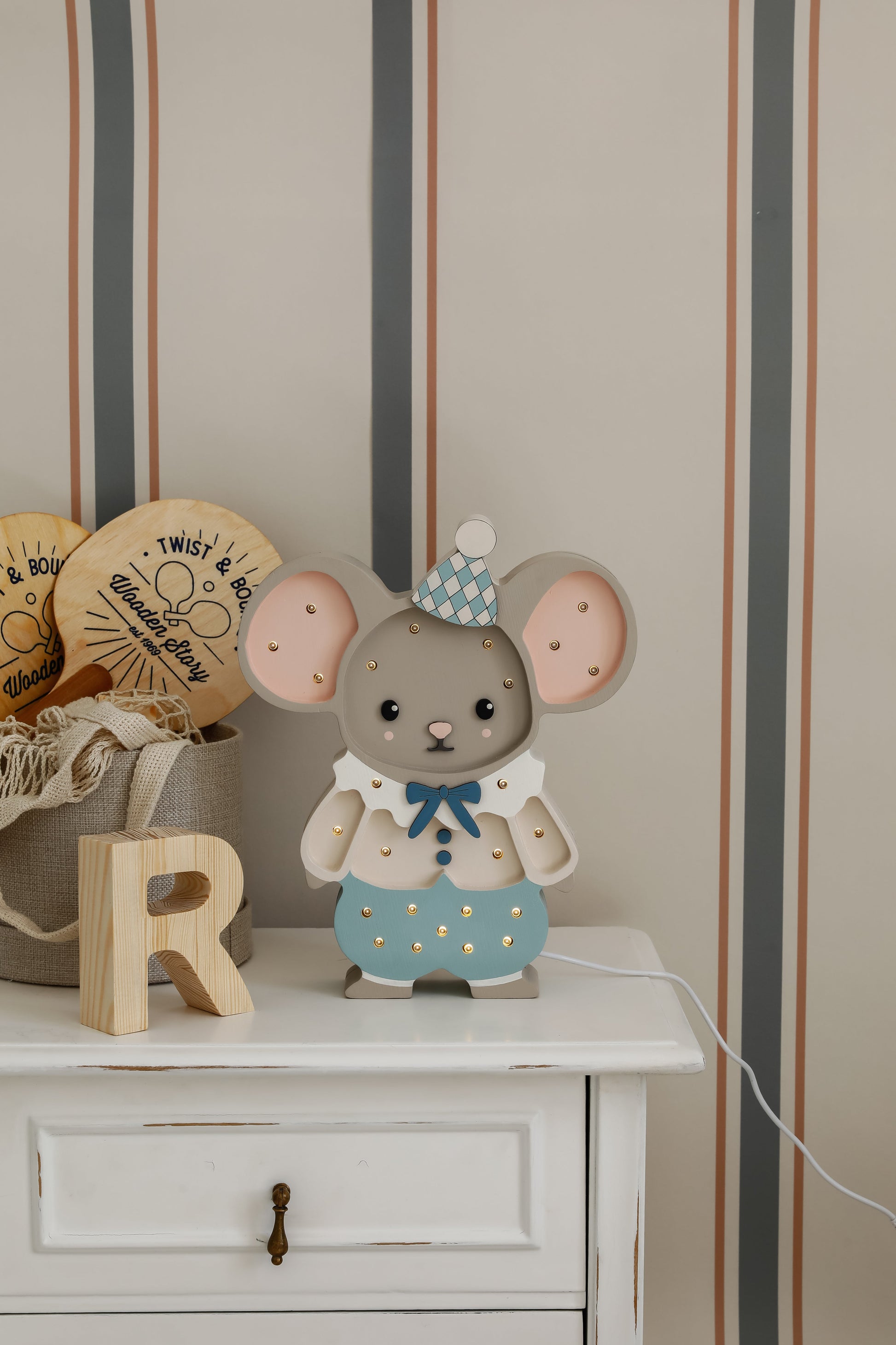 Cloudy Blue Felix the Mouse Lamp – handmade wooden nursery lamp by Little Lights
