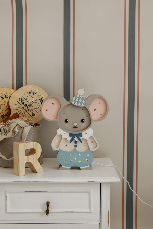 Cloudy Blue Felix the Mouse Lamp – handmade wooden nursery lamp by Little Lights