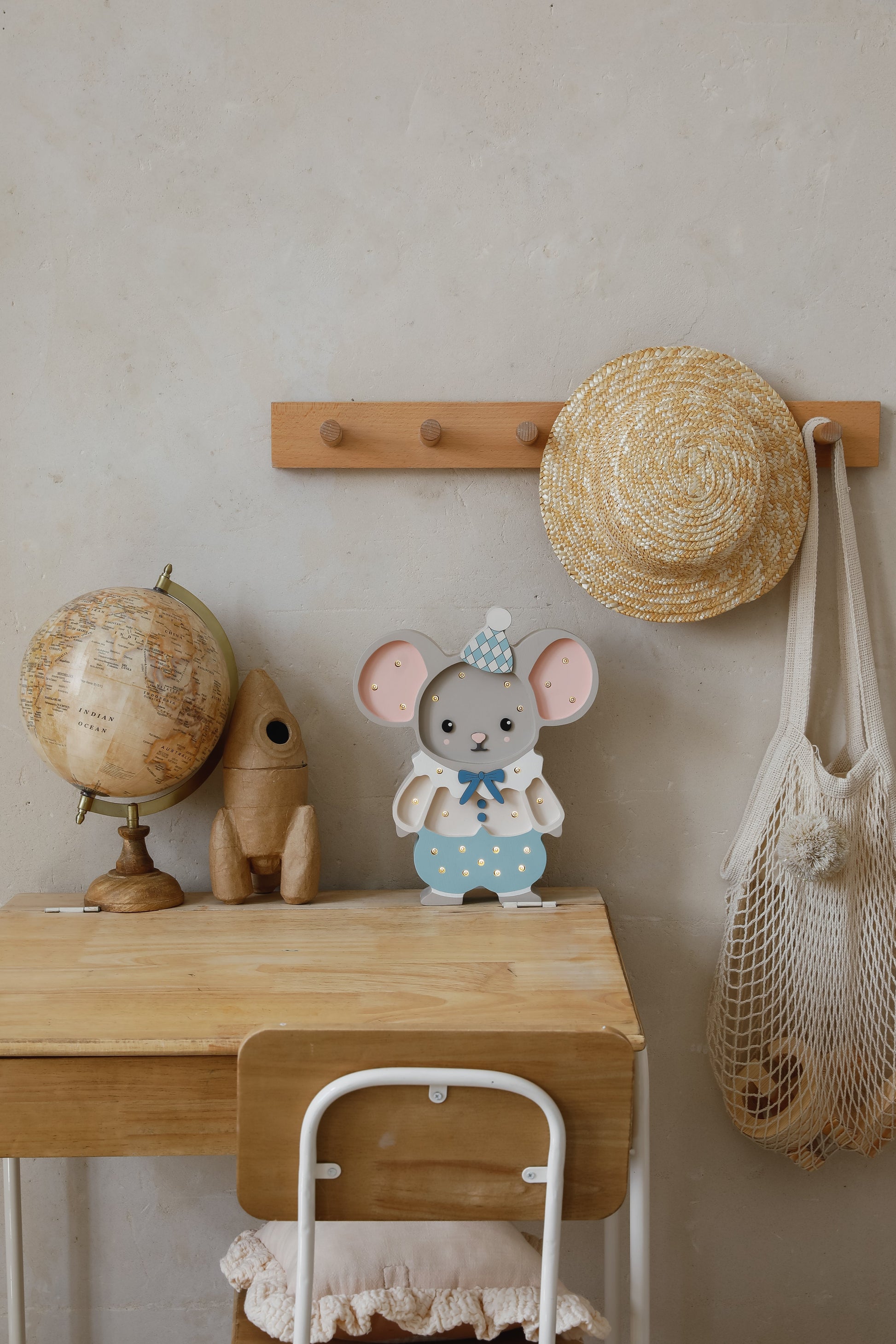 Wooden Cloudy Blue Felix the Mouse Lamp with remote control for adjustable brightness.