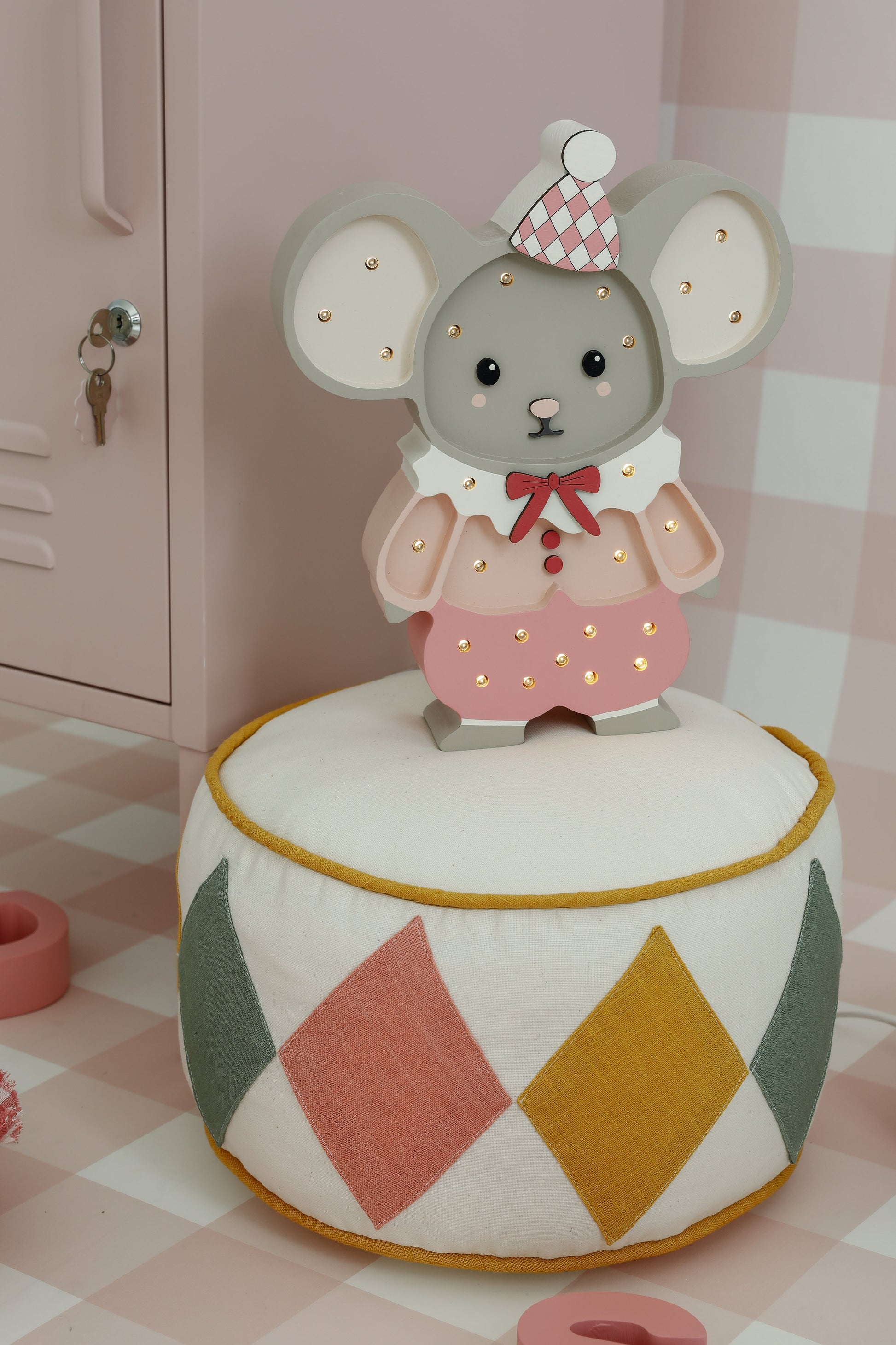 Pink Felix the Mouse Lamp – handmade wooden night light for kids.