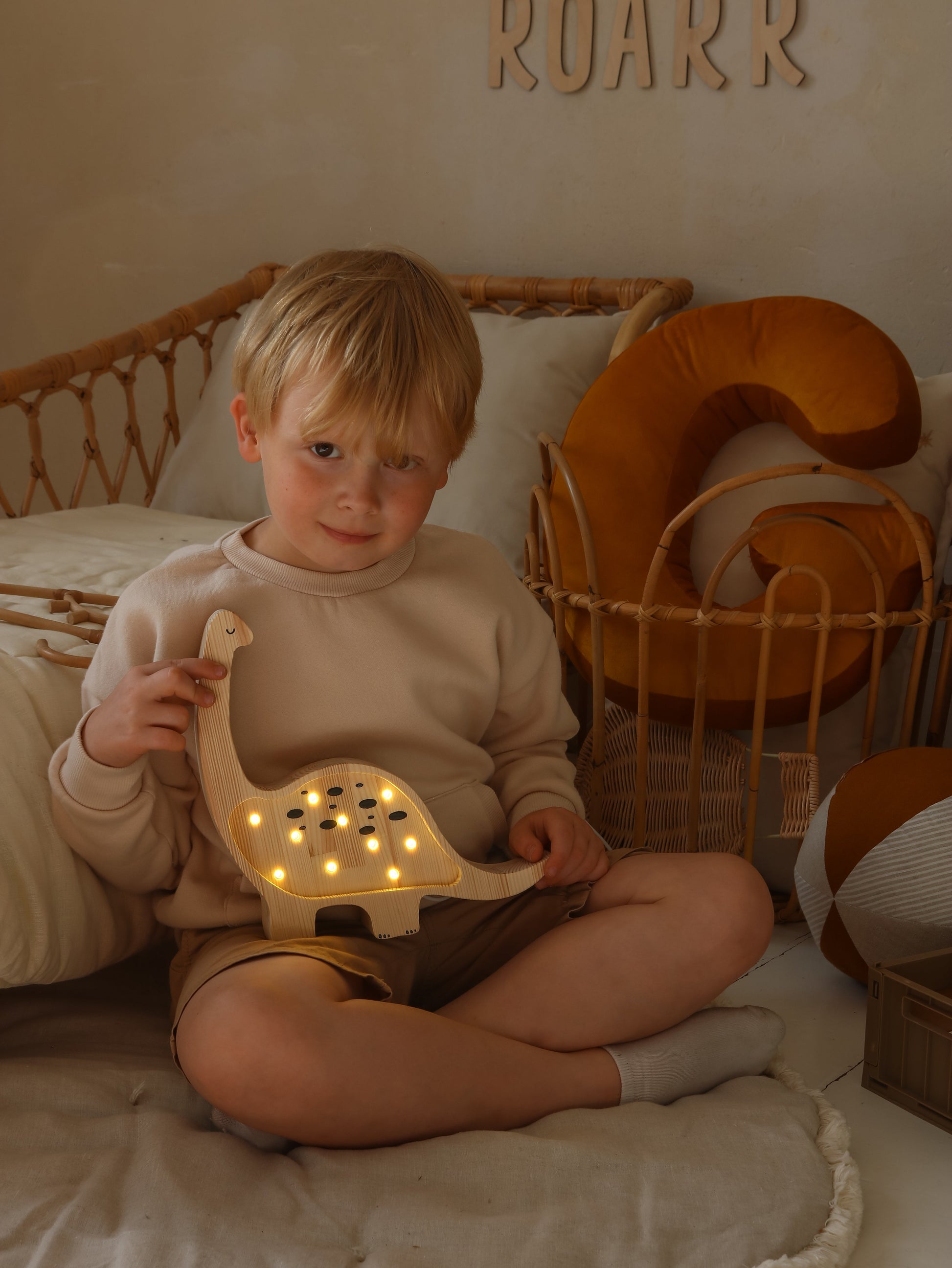 Natural wood finish dinosaur lamp, perfect nursery or baby room light