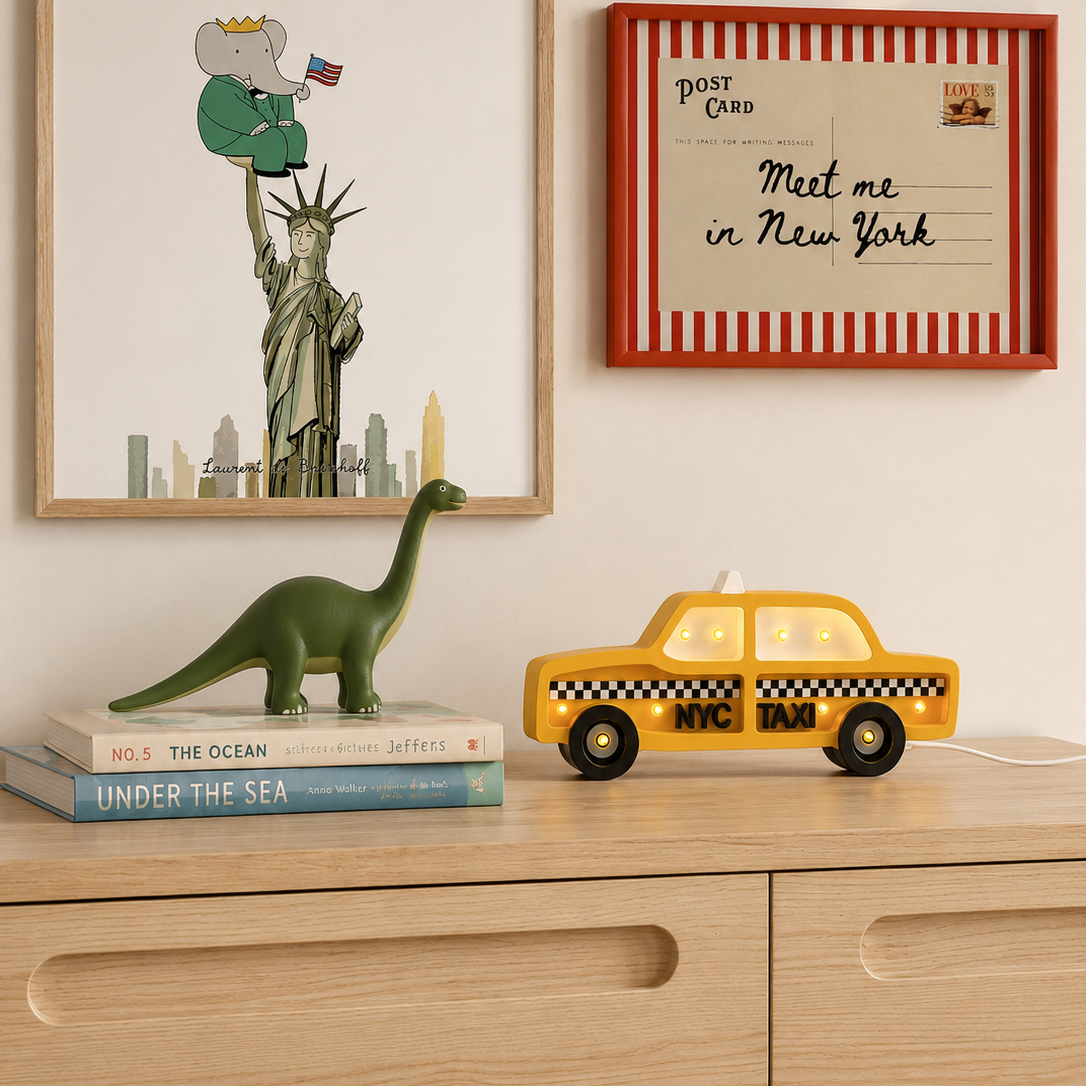 Wooden handmade NYC Yellow Cab Lamp on a dresser in a boy's room