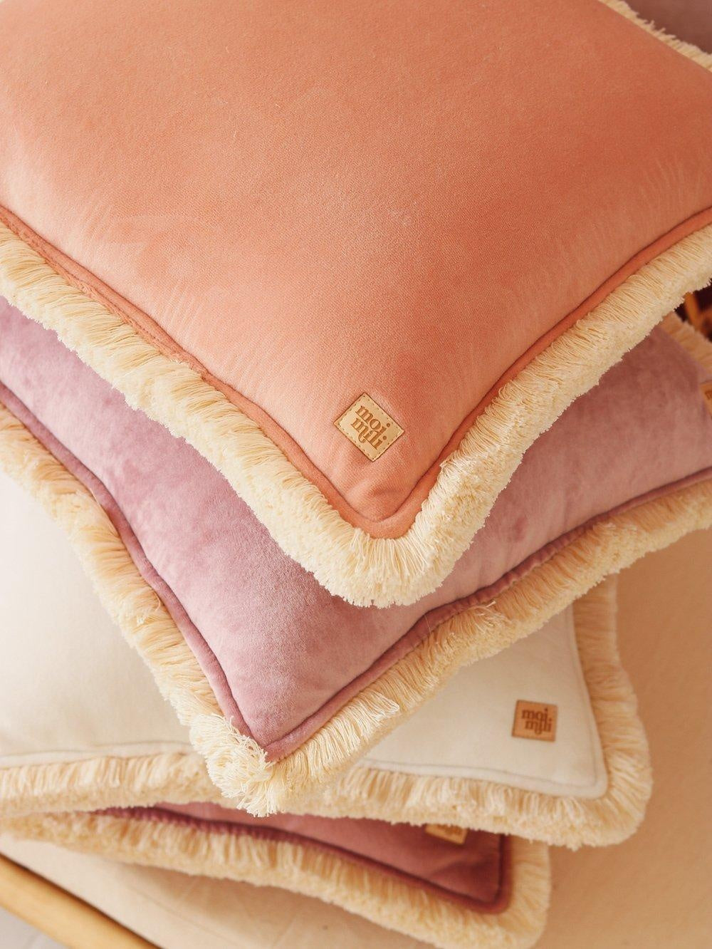 "Apricot" soft velvet bolster with fringe - Moi Mili