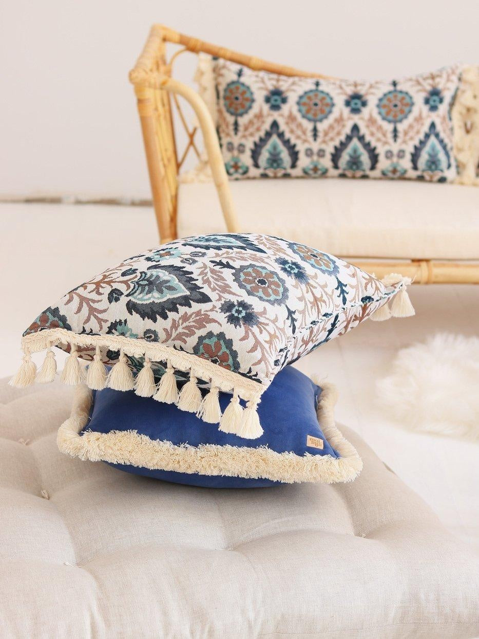 "Blue Iris in Istanbul" bolster with fringe - Moi Mili