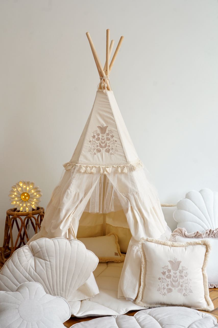 “Boho” Teepee Tent with Frills and Embroidery